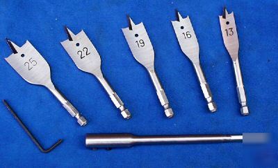 New 7 pc stubby flat wood drill bit set with ext.shank - 