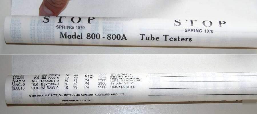 Hickok 800 800A tube tester checker roll chart 