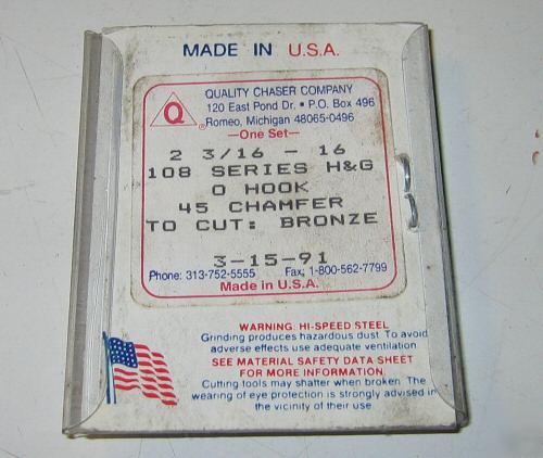 Quality 3/16-16 0 hook 45 cham insert chasers 4 bronze