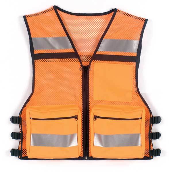Orange mesh public safety vest grey reflective