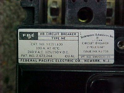 Federal pacific 100 amp breaker type ne fpe 2 pole unit