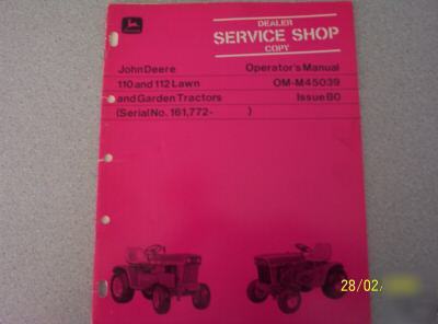 John deere model 110 &112 garden tractor ops manual