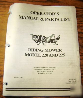 Grasshopper 220 225 riding mower operator parts manual
