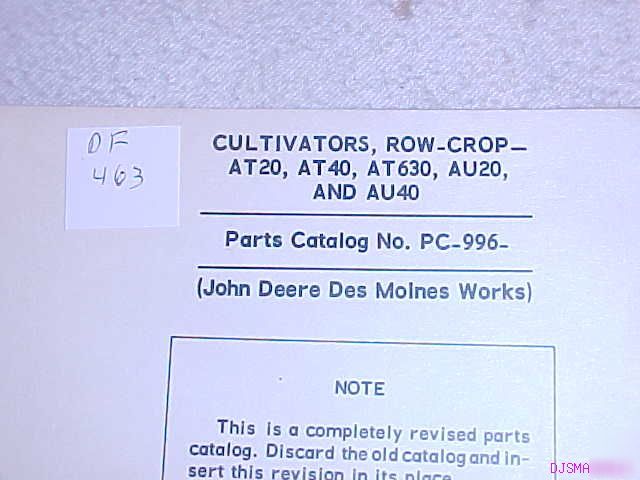 John deere AT20 - AU40 AU20 cultivator parts catalog