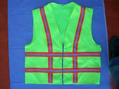 6 yellow lime safty vests solid fabric zipper front..