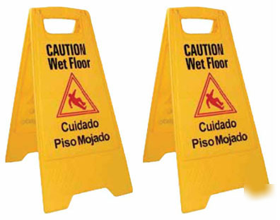 Lot of 2 wet floor caution signs yellow plastic