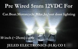 100XWHITE wide viewing 5MM led set 25CM pre wired 12VDC