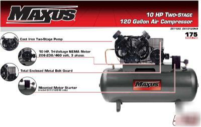 Maxus 10 hp, 120 gallon horiz. 2 stage air compressor