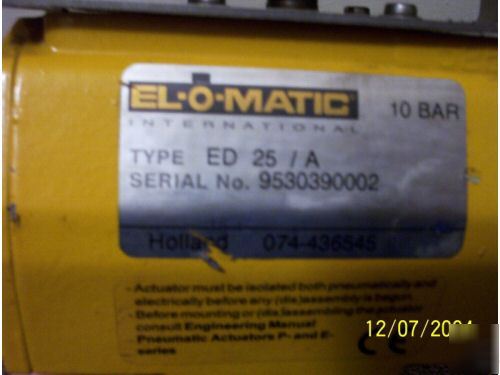 El-o-matic pneumatic air rack pinion actuator valve