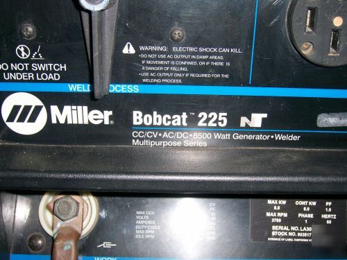 Miller bobcat 225 welder generator 100' leeds and wheel