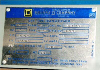 New 25 kva square d transformer 480Y/277 - 380Y/220 3PH