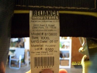 Used reliance harness lanyard big xxxl 440 lbs belt pad