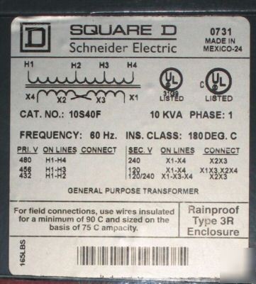 New square-d 10S40F transformer 10KVA 1PH 480V-120/240V 