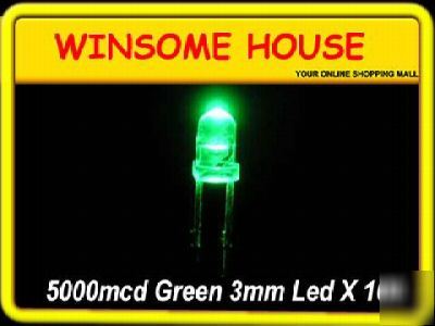 Super bright 5000MCD green 3MM led x 100PCS