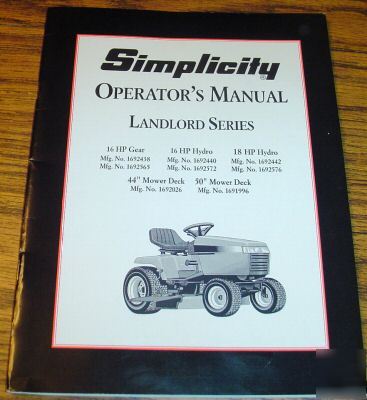 Simplicity landlord lawn tractor operator's manual book