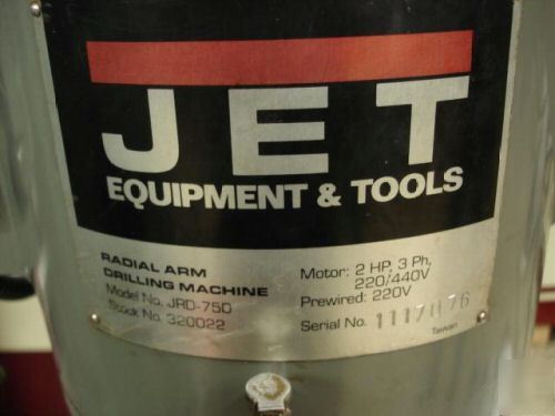 Jet model jrd-750 radial arm drill - very nice 