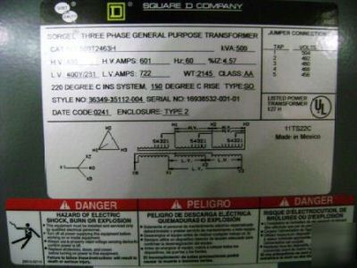 Square d 500 kva, 480V-400Y/231 v dry type transformer