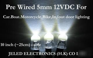 100XWHITE wide viewing 5MM led set 25CM pre wired 12VDC
