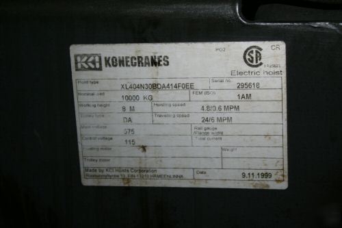 1999 10 ton kone crane electric hoist overhead crane